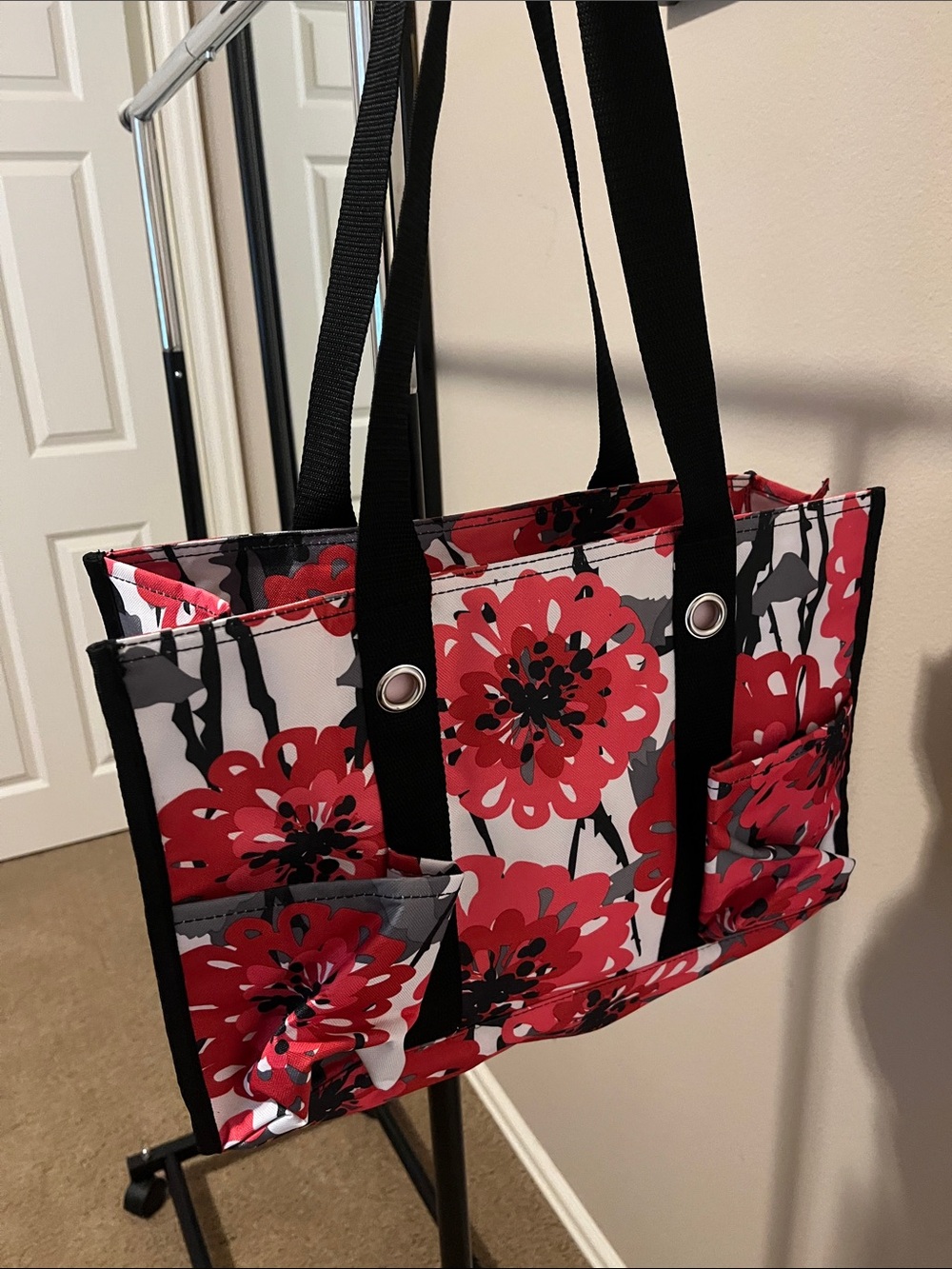 Floral Tote Bag with Black Straps - Red/Pink Floral by Thirty-One